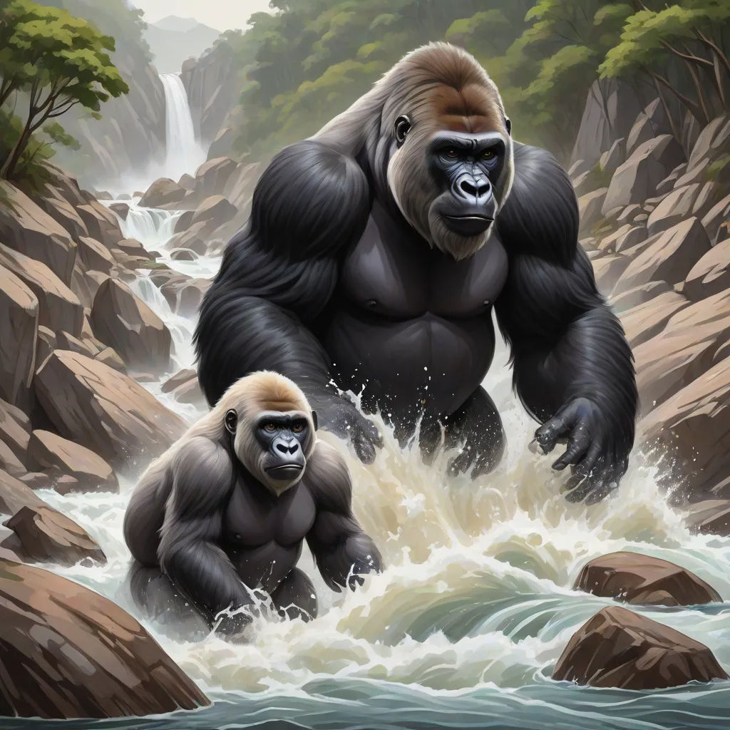 a painting of a gorilla and a gorilla cub in a river with rocks and trees in the background and a waterfall, naturalism, an oil painting, Ed Binkley, official art