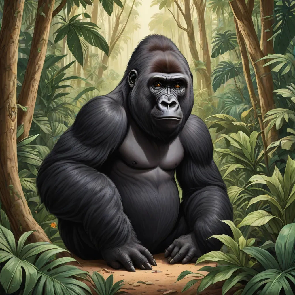 a gorilla sitting in the middle of a jungle with trees and plants around it, with a light shining on its face, figurative art, a digital painting, Chris LaBrooy, highly detailed digital painting