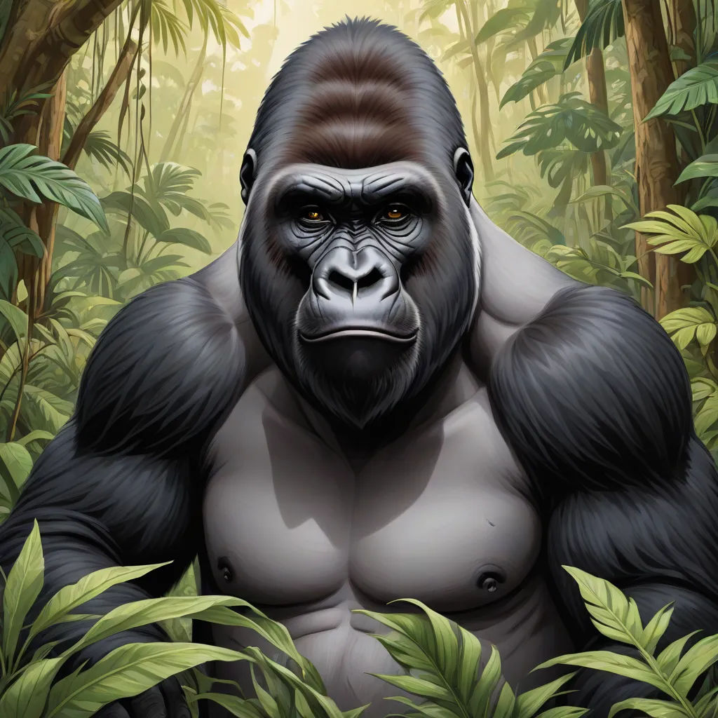 a gorilla standing in the middle of a jungle with trees and plants around it's sides and his shirt open, furry art, a digital painting, Alex Petruk APe, highly detailed digital painting