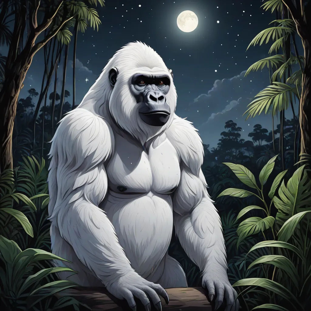 a gorilla sitting on a log in the jungle at night with a full moon in the background and trees, furry art, an album cover, Chris LaBrooy, walton ford