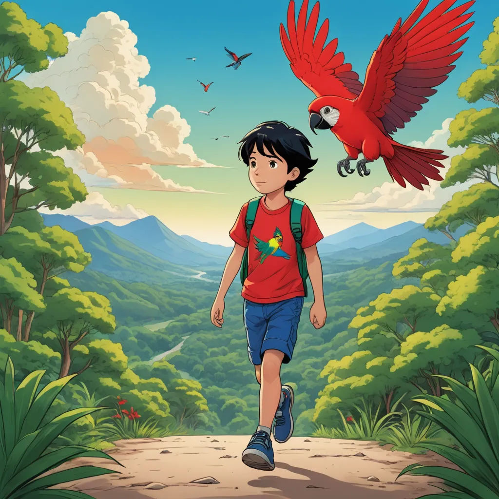 a boy with a backpack and a parrot on his shoulder walking down a path in the jungle with mountains and trees, cloisonnism, poster art, Cliff Childs, official art