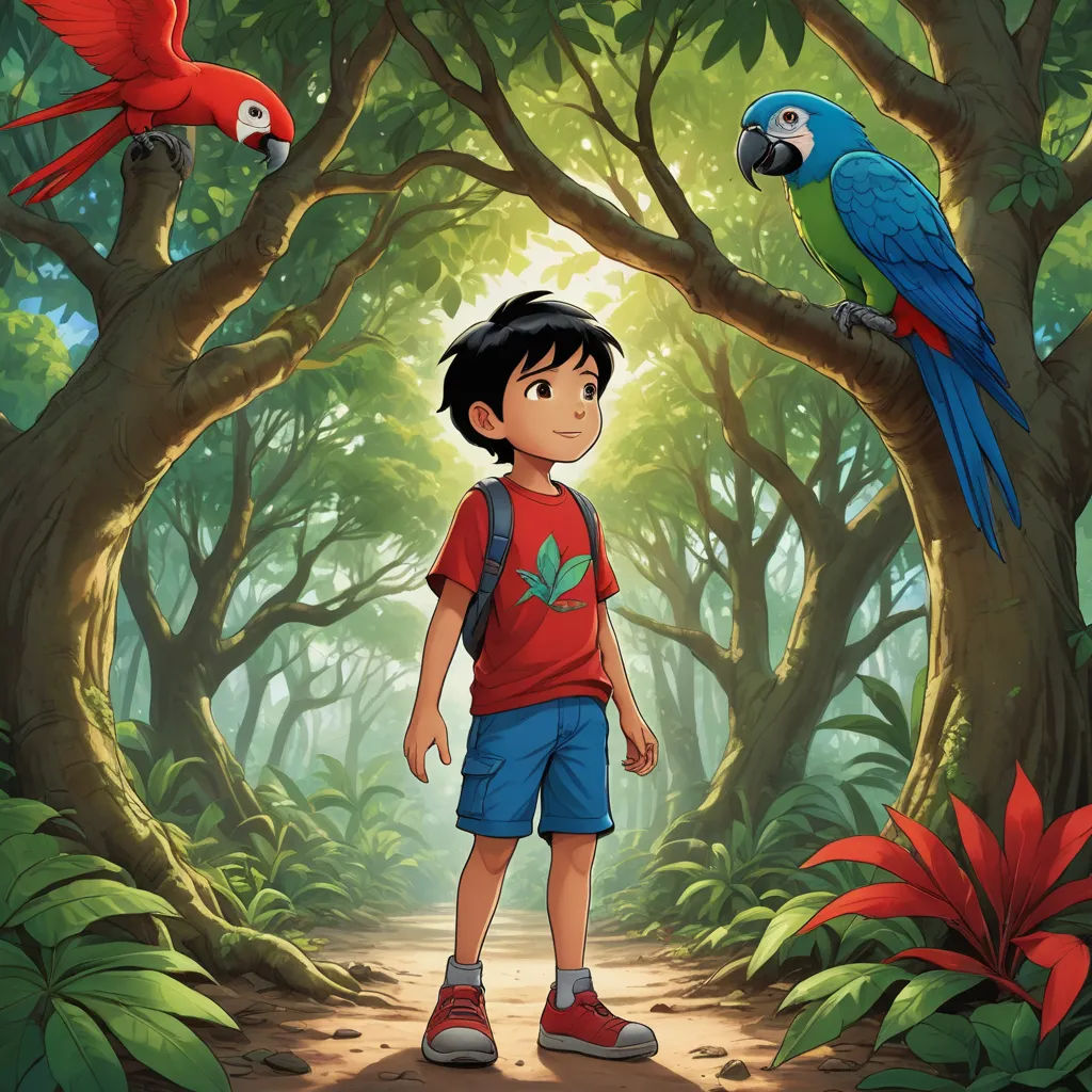 a boy standing in the middle of a forest with parrots on his shoulders and a parrot on his shoulder, lyco art, poster art, Cliff Childs, promotional image