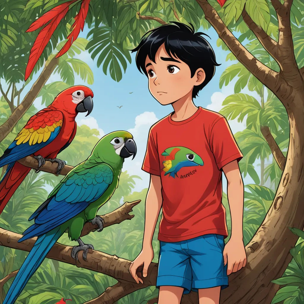 a boy standing next to two parrots on a tree branch in a jungle area with a tree and a bird on the branch, lyco art, a storybook illustration, Cliff Childs, promotional image