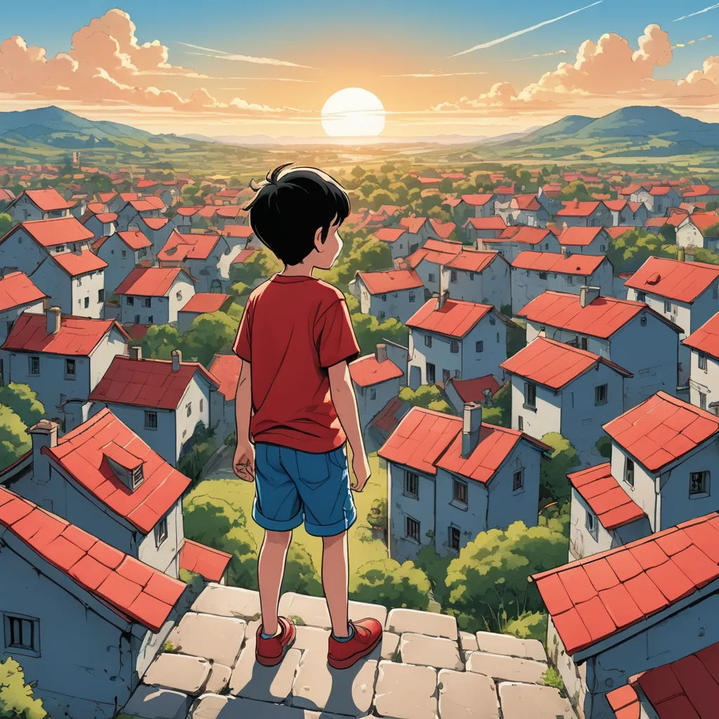 a boy standing on a ledge looking at a city with red roofs and a sunset in the background,, dau-al-set, a detailed matte painting, Atey Ghailan, anime key visual