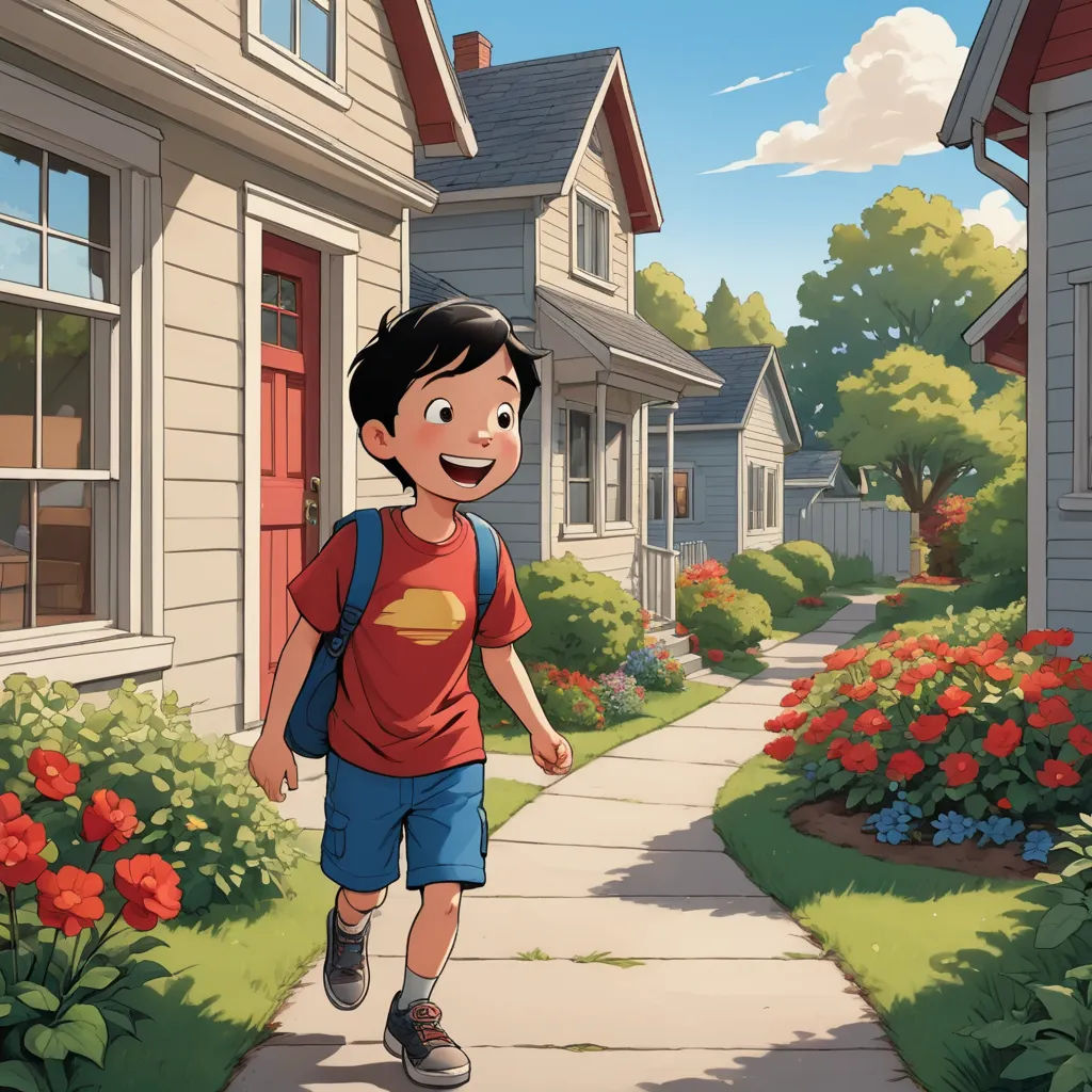 a boy walking down a sidewalk in front of a house with flowers and bushes on both sides of the walkway, american scene painting, a comic book panel, Cliff Childs, official art