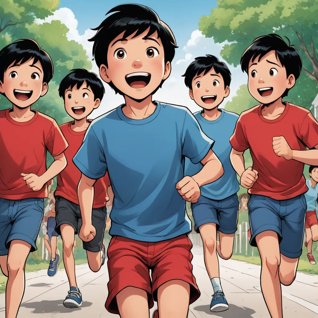 a group of young boys running down a street in a cartoon style, with a man in the middle of the group, rayonism, a manga drawing, Baiōken Eishun, yukito kishiro