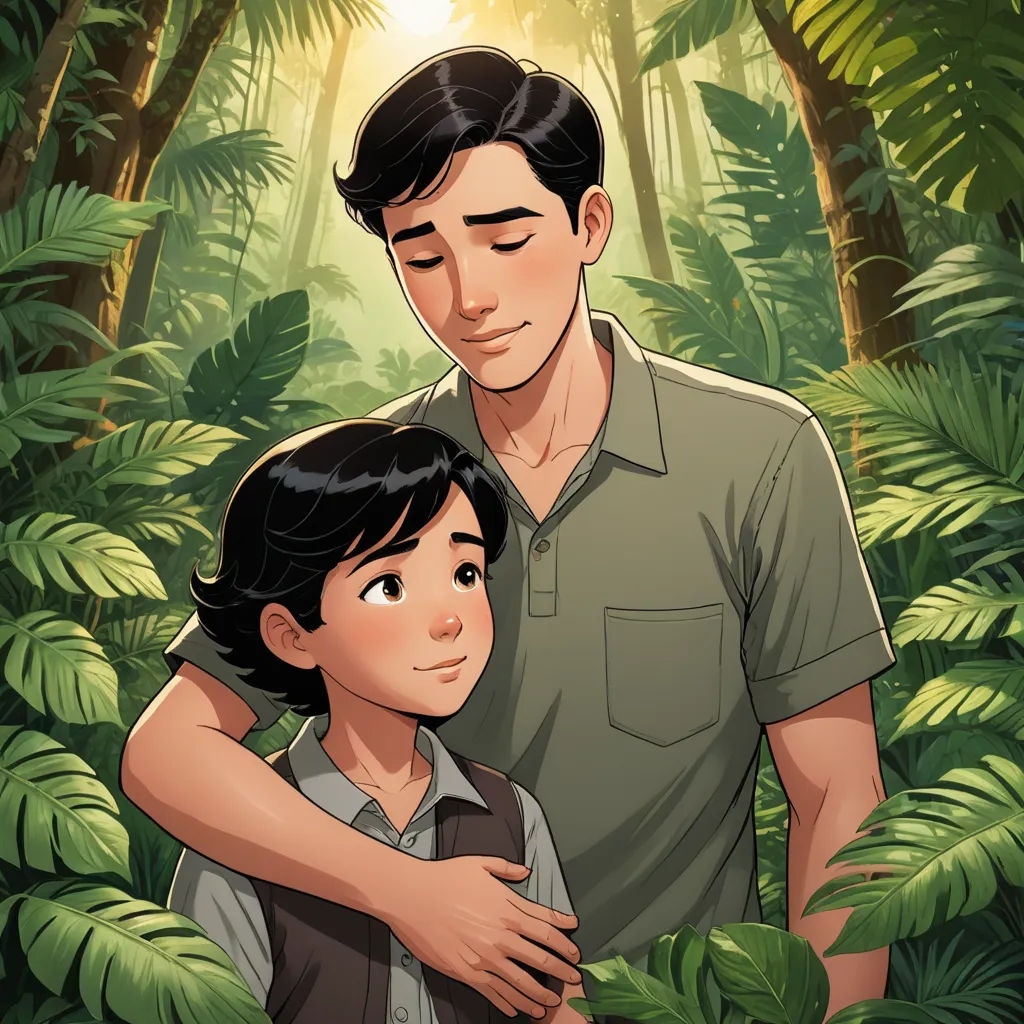 a man and a boy are in the jungle together, with the boy's face to the side, serial art, a storybook illustration, Fernando Amorsolo, graphic novel