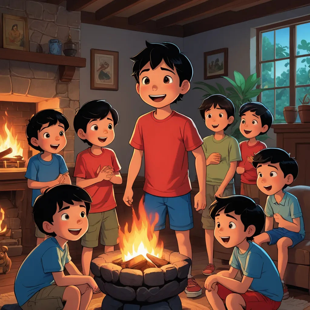 a group of children standing around a fire pit in a living room with a fireplace in the background and a man standing in front of the fire, lyco art, a storybook illustration, Dan Content, promotional image