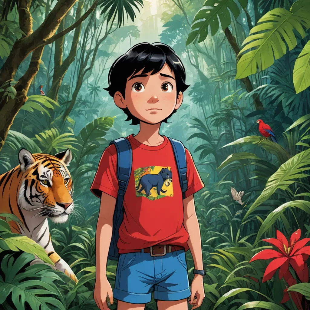 a boy in a red shirt and blue shorts standing in front of a tiger in a jungle with red flowers, primitivism, poster art, Cliff Childs, promotional image