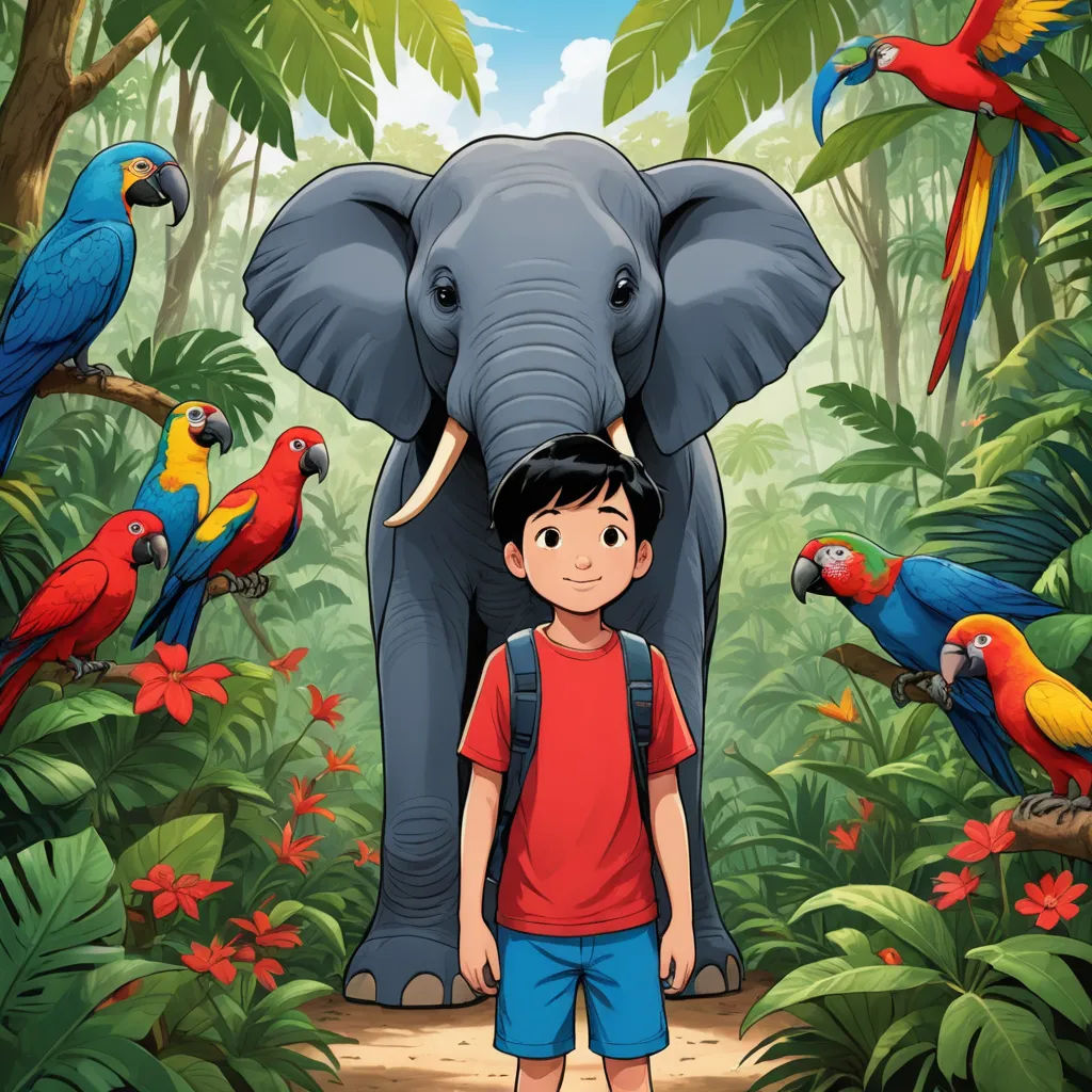 a boy standing in front of a jungle with parrots and an elephant in the background with a bird on his head, lyco art, a storybook illustration, Cliff Childs, promotional image