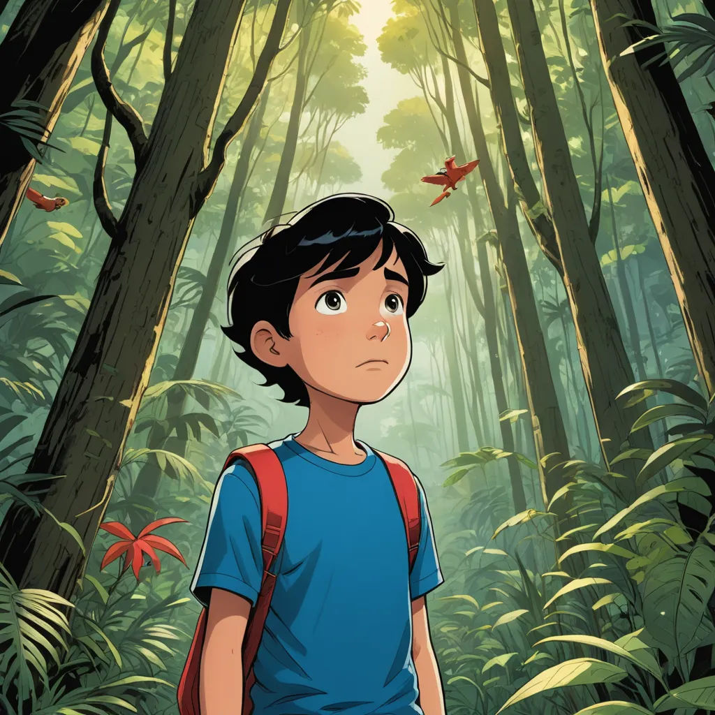 a boy in a blue shirt and a backpack in a forest with a bird flying overhead and a bird flying overhead, process art, poster art, Asaf Hanuka, comic cover art