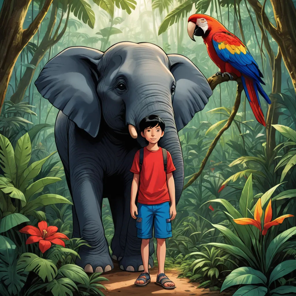 a boy standing next to an elephant in a jungle with a parrot on its back and a parrot on its shoulder, magical realism, a storybook illustration, Diego Gisbert Llorens, promotional image