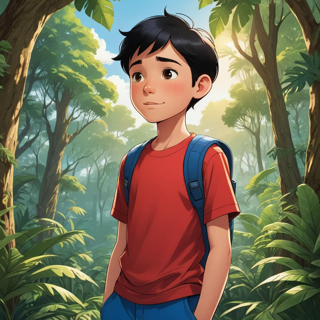 a boy in a red shirt and blue shorts standing in a forest with trees and bushes behind him and a backpack on his back, sots art, a character portrait, Adam Manyoki, rossdraws global illumination