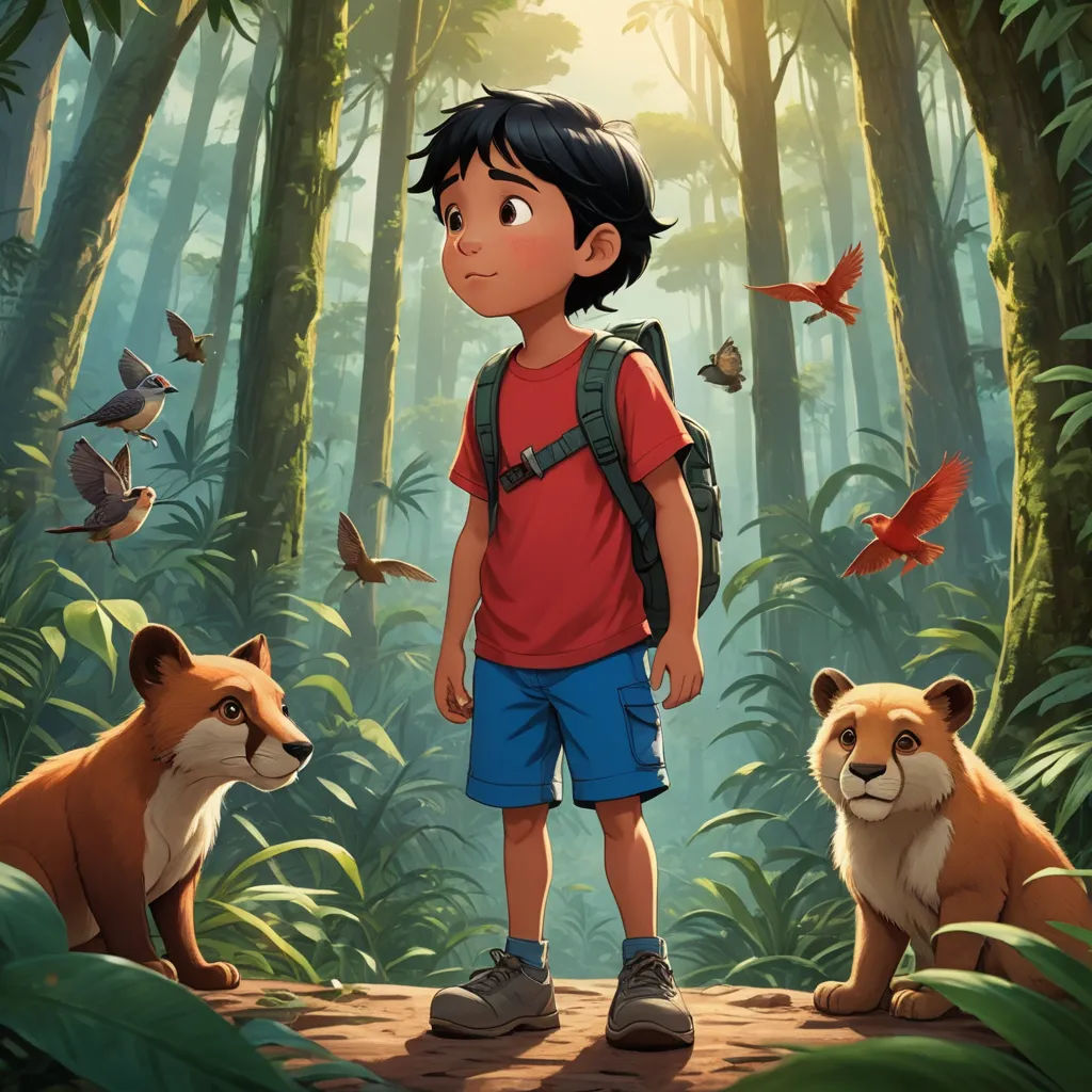 a boy standing in the middle of a forest with two foxes and birds flying around him and a bird flying above him, sots art, poster art, Chris LaBrooy, promotional image