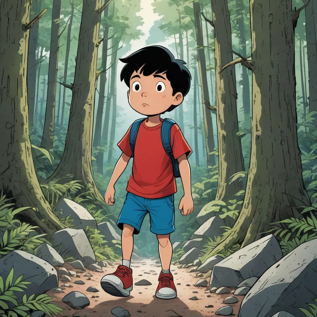 a boy in a red shirt and blue shorts is walking through a forest with rocks and trees on either side of him, private press, a character portrait, Cliff Childs, yukito kishiro