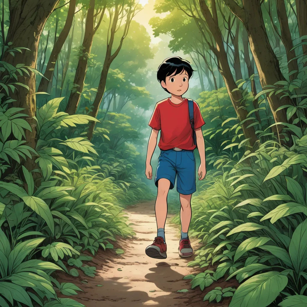 a boy walking down a path in a forest with trees and plants on either side of him and a red shirt on, environmental art, a detailed matte painting, Eizan Kikukawa, ghibli
