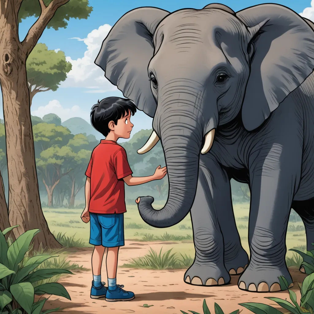 a boy standing next to an elephant in a forest with trees and bushes behind him, with a boy looking at the elephant, sumatraism, a storybook illustration, Diego Gisbert Llorens, storybook illustration