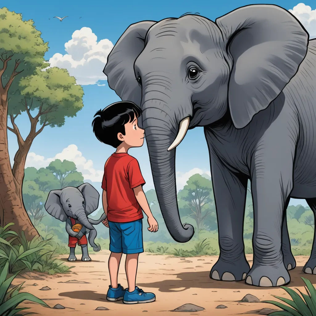 a boy standing next to an elephant in a forest with other elephants behind him and a boy standing next to it, lyco art, a storybook illustration, Diego Gisbert Llorens, storybook illustration
