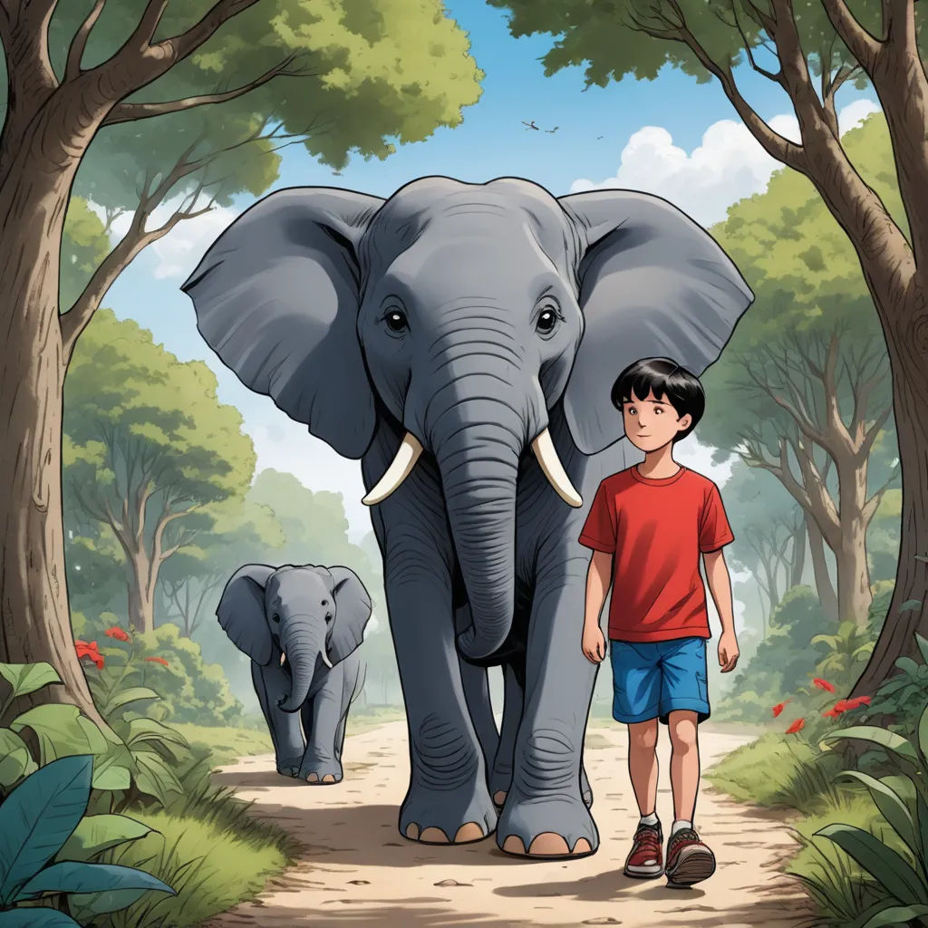 a boy standing next to an elephant in a forest with trees and bushes behind him, with a path leading to the elephant, magical realism, a storybook illustration, Diego Gisbert Llorens, storybook illustration