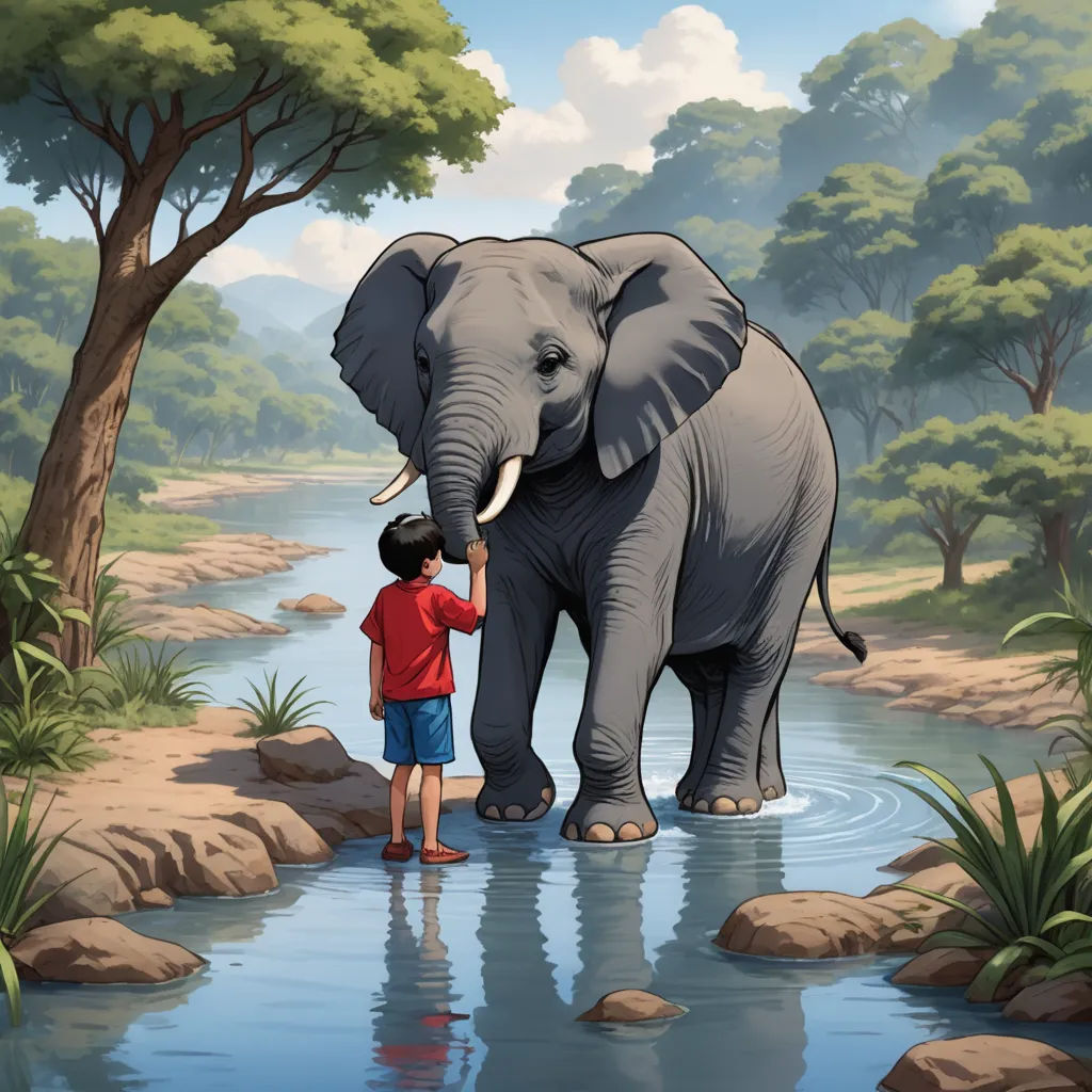 a boy standing next to an elephant in a river with trees and rocks in the background and a man standing next to it, magical realism, a storybook illustration, Chris LaBrooy, storybook illustration