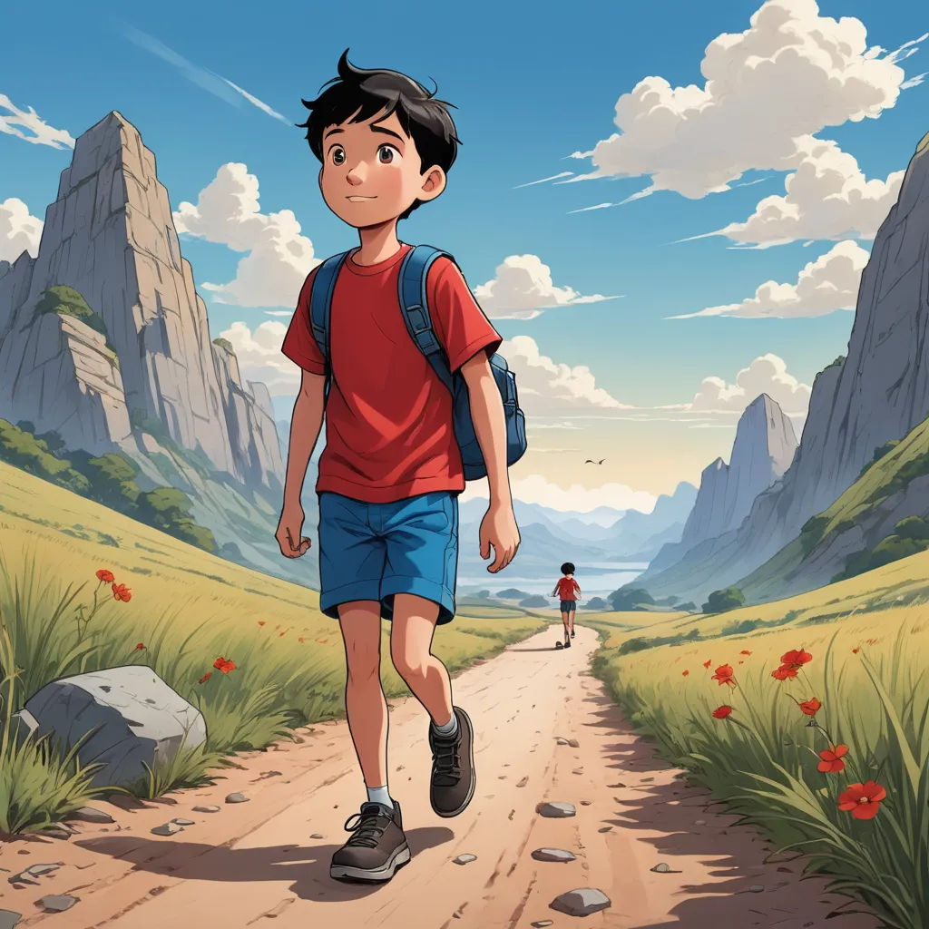 a boy walking down a dirt road in the mountains with a backpack on his back and a backpack on his shoulder, serial art, a comic book panel, Diego Gisbert Llorens, comic cover art