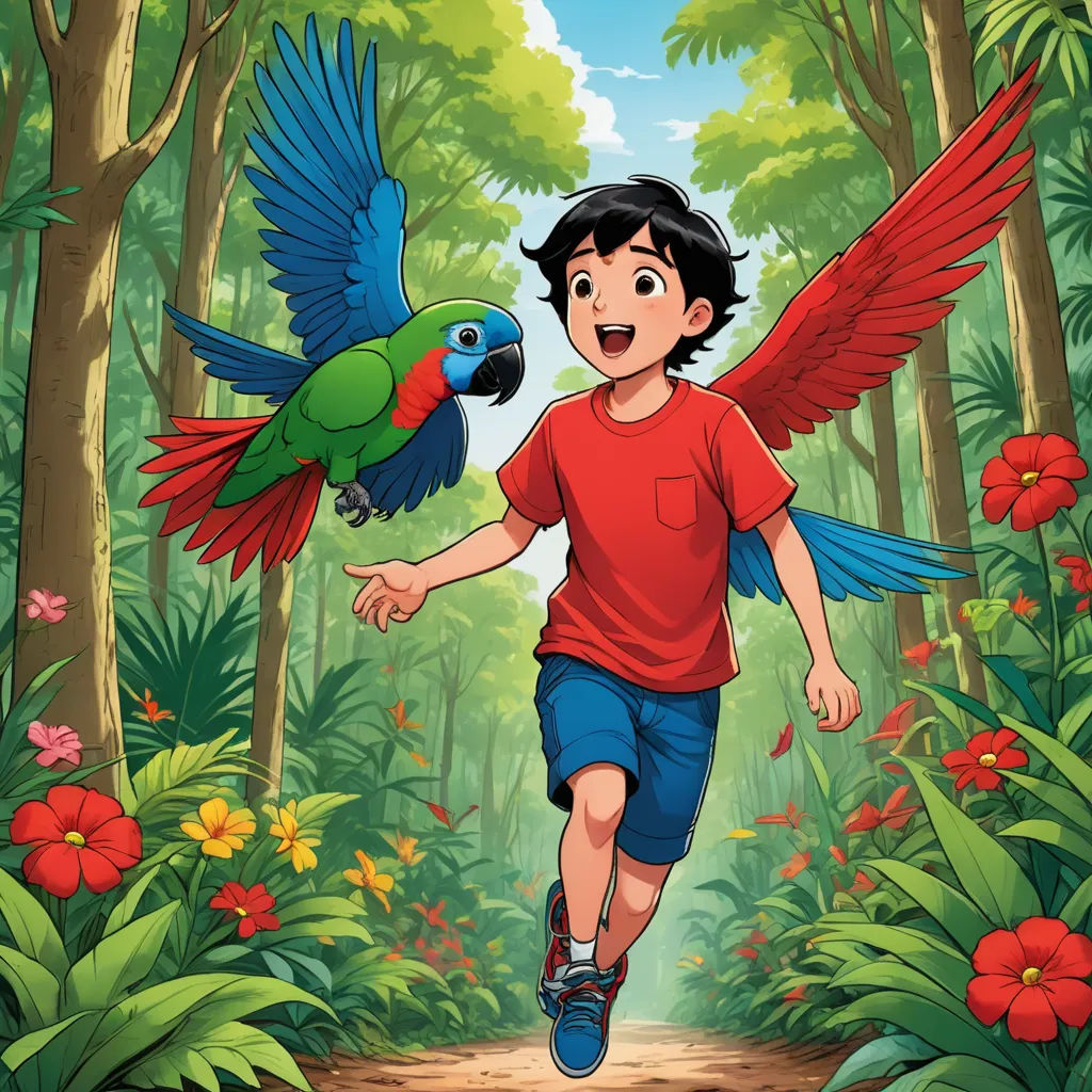 a boy running with a parrot on his shoulder in the jungle illustration by john wyee for the children's book the jungle book of the parrot, lyco art, a storybook illustration, Diego Gisbert Llorens, promotional image
