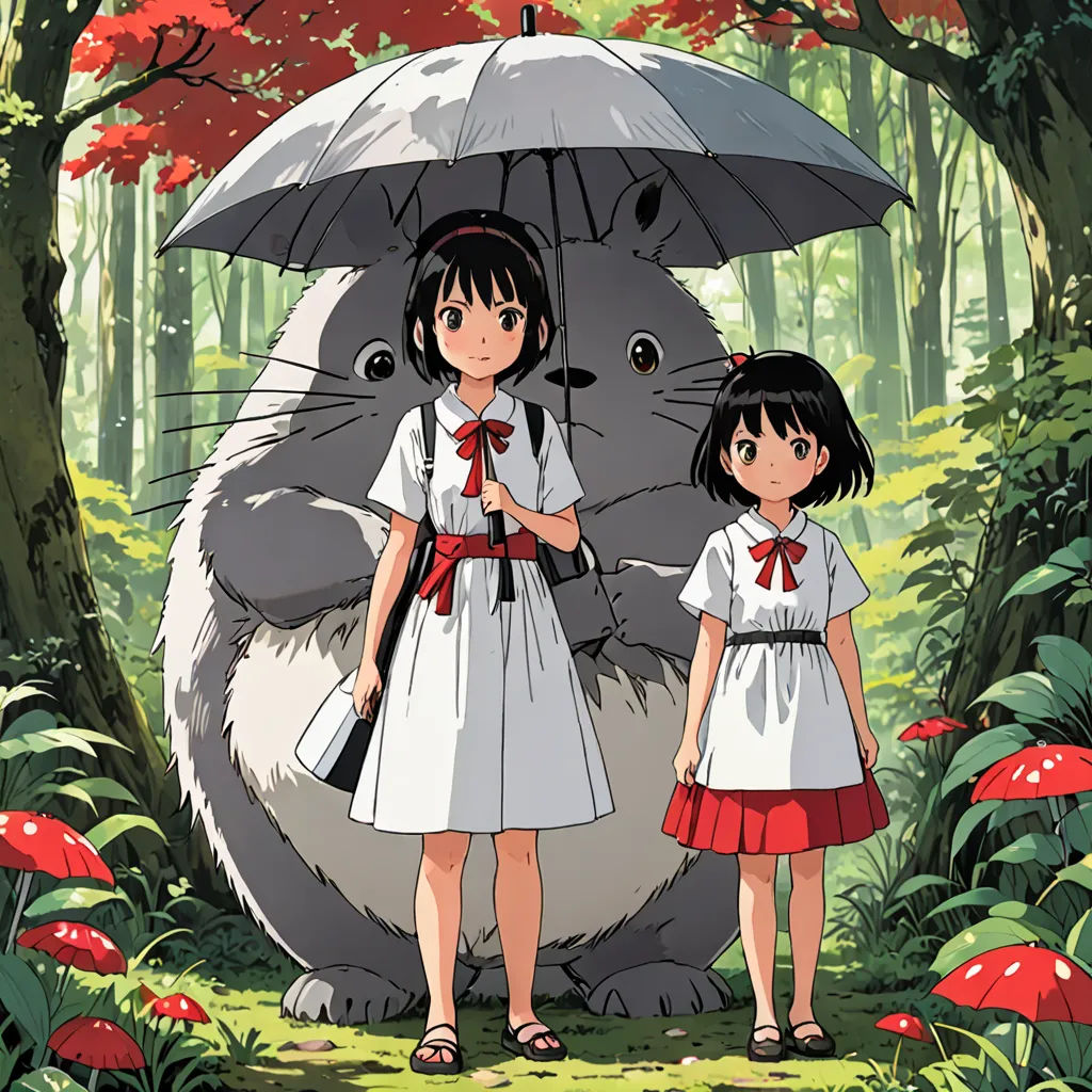 a girl and a girl standing in the woods with a big bunny behind them and an umbrella over their heads, rayonism, poster art, Ayako Rokkaku, official art