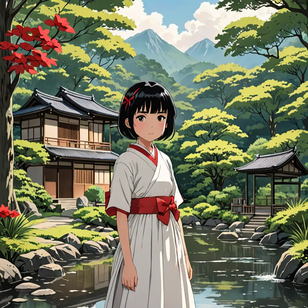 a woman in a white dress standing in front of a pond and trees with mountains in the background and a red ribbon around her neck, ukiyo-e, a detailed matte painting, Ayako Rokkaku, official art