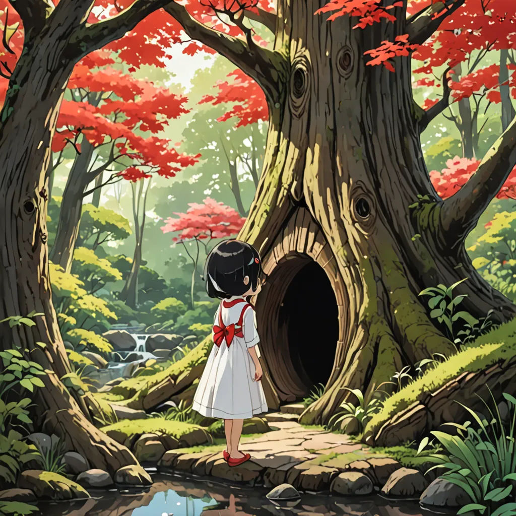 a girl in a white dress standing in front of a tree with a hole in it's trunk, magical realism, a storybook illustration, Ayako Rokkaku, ghibli