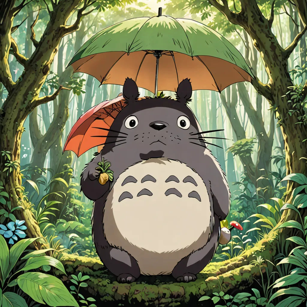 a cartoon character holding an umbrella in a forest with trees and plants around it, in the background is a forest with trees and leaves, sōsaku hanga, a character portrait, Akira Toriyama, ghibli
