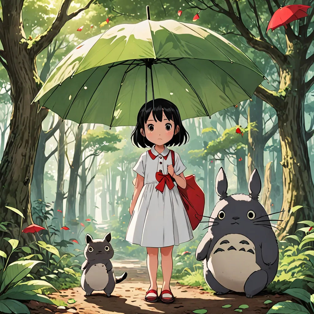 a girl holding an umbrella standing next to a totoro and a cat in a forest with trees, magical realism, poster art, Alice Prin, official art