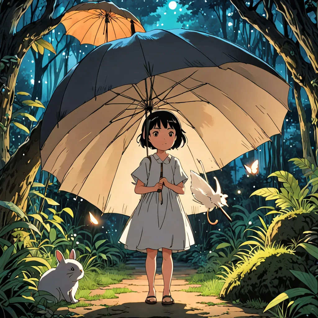 a girl holding an umbrella in a forest with a rabbit under it and a rabbit under it, with a full moon in the background, magic realism, poster art, Alice Prin, ghibli