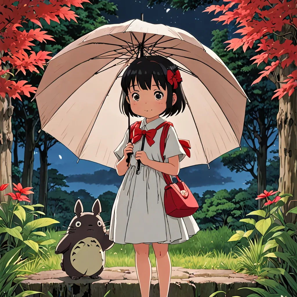 a girl holding an umbrella in a forest with a dog behind her and a cat behind her, with a full moon in the sky, magic realism, poster art, Ayako Rokkaku, official art