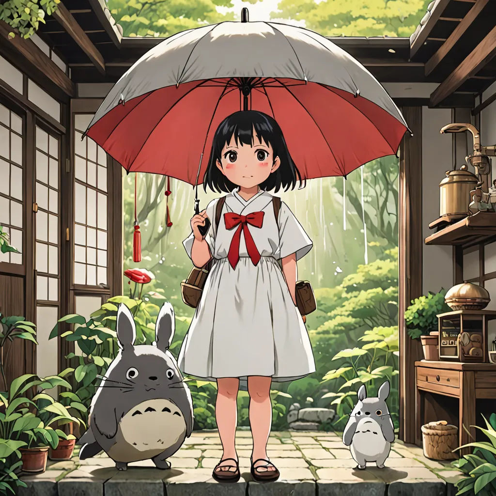 a girl holding an umbrella standing in a room with a totoro and other animals around her and a small potted plant, rayonism, poster art, Anne Said, official art