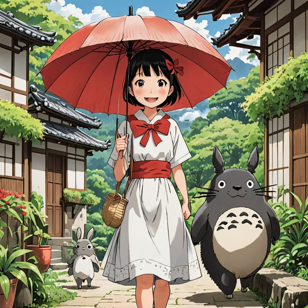 a woman in a white dress holding an umbrella and a totoro bag walking down a path in front of a building, magical realism, poster art, Ayako Rokkaku, official art