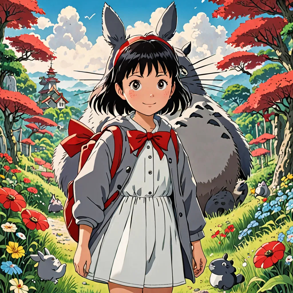 a girl in a dress and a cat in a forest with flowers and trees in the background, with a red bow on her headband, magical realism, poster art, Anne Said, ghibli