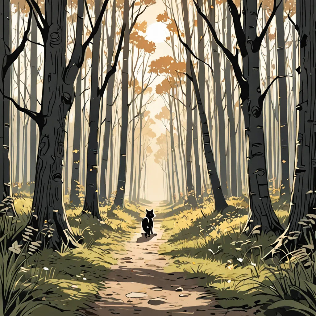 a person riding a motorcycle down a dirt road in a forest with tall trees and grass on both sides of the path, Asaf Hanuka, furry art, a comic book panel, comic cover art