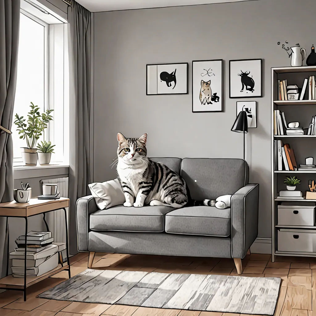 a cat sitting on a couch in a living room with a rug and a bookcase in front of it, Chris LaBrooy, photorealism, a photorealistic painting, highly detailed digital painting