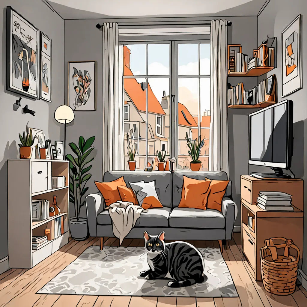 a cat sitting on a rug in a living room with a large window and a television on a stand, Atey Ghailan, modern european ink painting, a comic book panel, detailed illustration