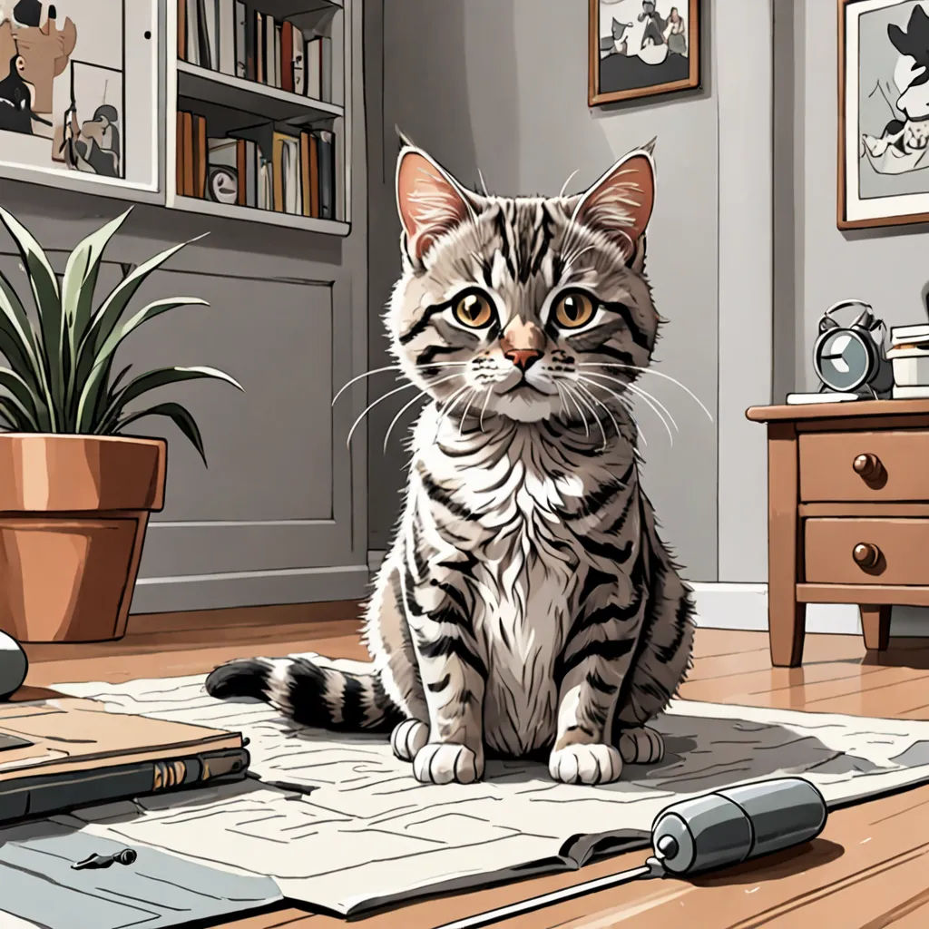 a cat sitting on a rug in a room with a desk and a computer monitor and a mouse and a potted plant, Felix Octavius Carr Darley, sots art, a character portrait, official art