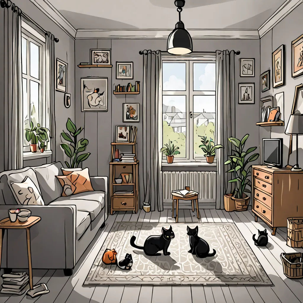 a living room with a couch, a table, and a cat on the floor in front of a window, Colin Middleton, furry art, a comic book panel, official art