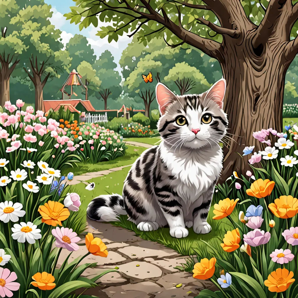 a cat sitting in a garden with flowers and a tree in the background, with a path leading to a house, Anne Said, sots art, a character portrait, game art