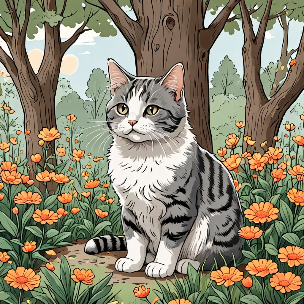a cat sitting in a field of flowers near a tree and a fence with a bird on it's back, Annabel Kidston, sots art, a storybook illustration, rossdraws global illumination