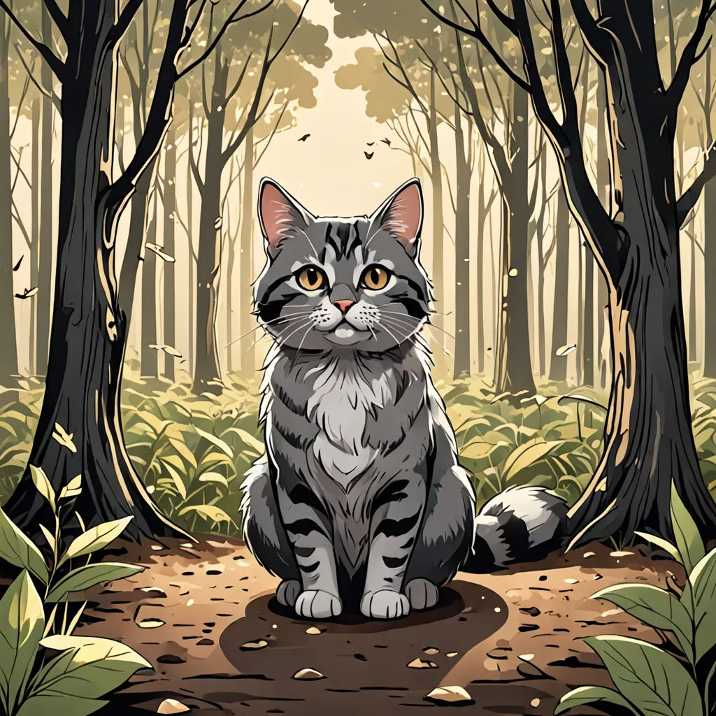a cat sitting in the middle of a forest with trees and leaves around it, looking at the camera, Dan Mumford, sots art, a storybook illustration, forest