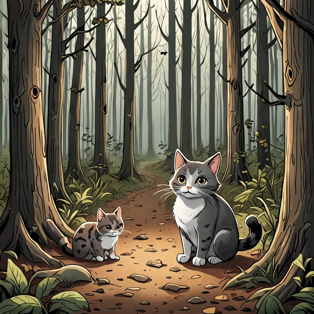 a cat and a kitten sitting in the woods together, looking at the camera, with a path leading to them, Dan Mumford, sots art, a storybook illustration, storybook illustration