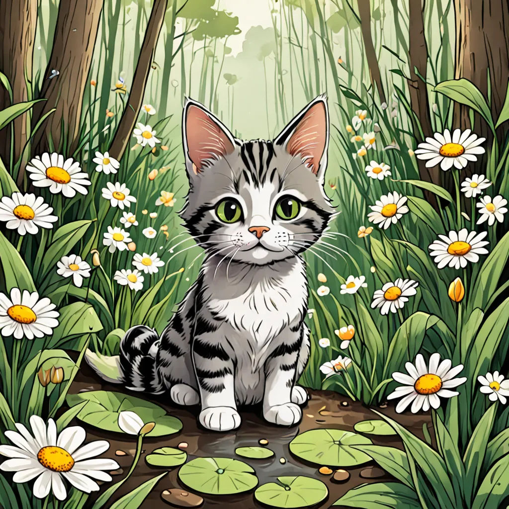 a cat sitting on a log in a forest with daisies and lily pads on the ground and a forest background, Annabel Kidston, sots art, a character portrait, game art