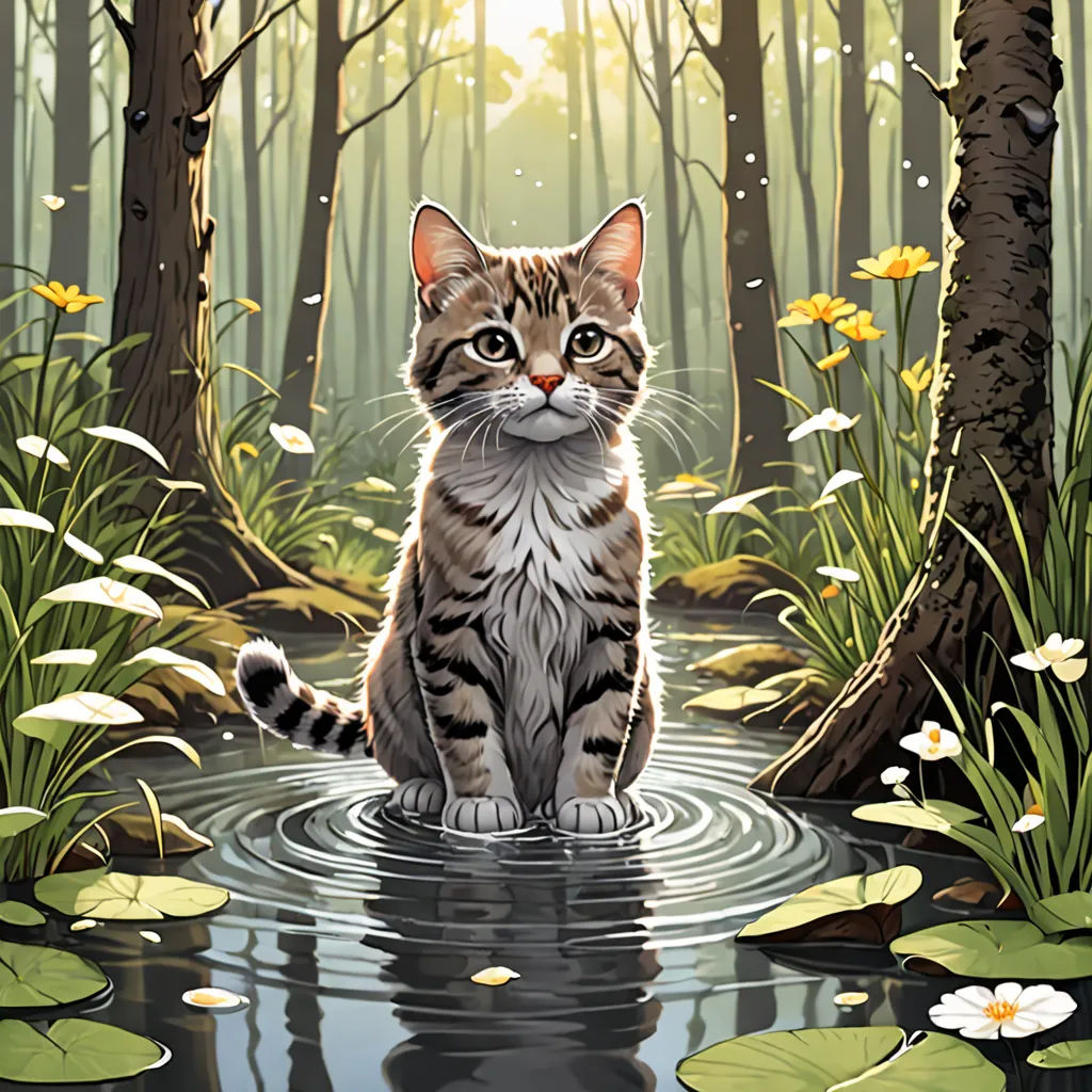 a cat sitting in a pond of water surrounded by trees and flowers with a sun shining through the trees, Dan Mumford, furry art, a storybook illustration, official art