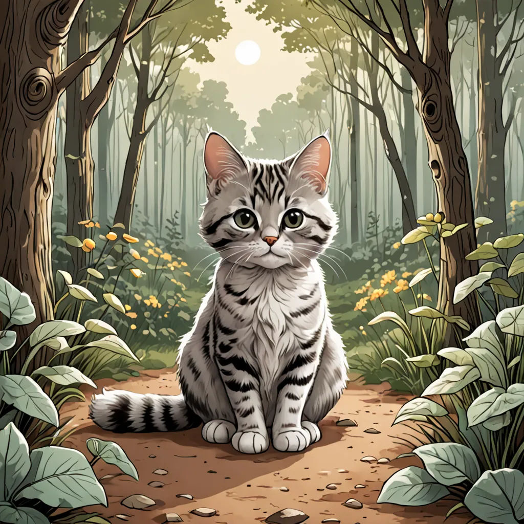 a cat sitting on a dirt path in a forest with trees and flowers around it, looking at the camera, Dan Mumford, fantasy art, a storybook illustration, storybook illustration