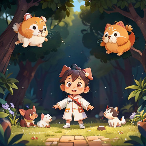 a girl standing in the middle of a forest with cats and dogs around her and a cat flying above her