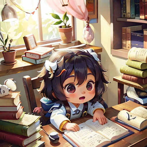 a girl sitting at a desk with books and a lamp in front of her and a teddy bear on the desk